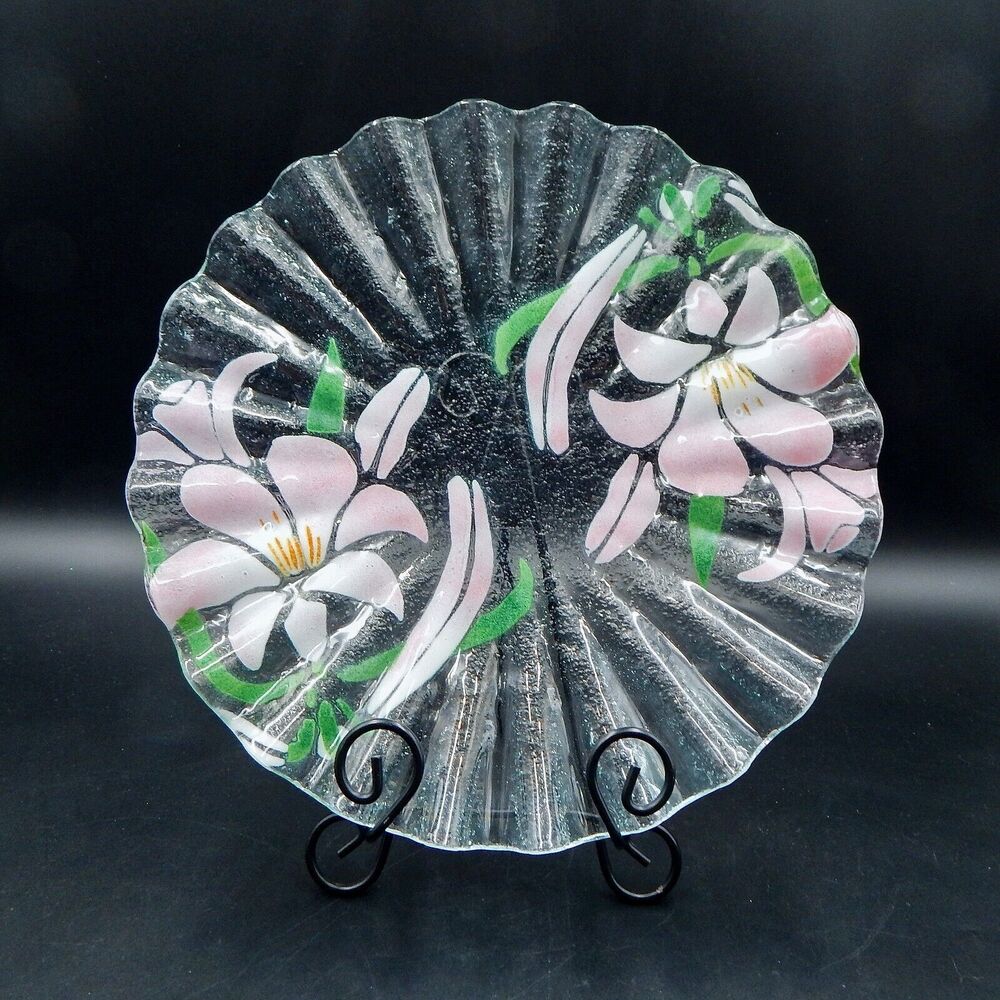 Sydenstricker Art Fused Glass Pink Lily Plate Ruffle Rim Platter 12 Inch